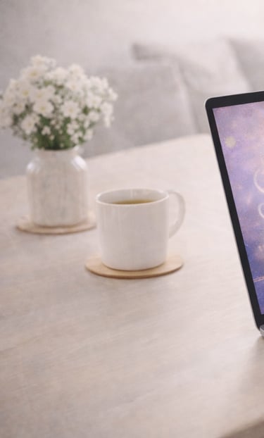 a woman sitting at a table with a laptop and a cup of coffee