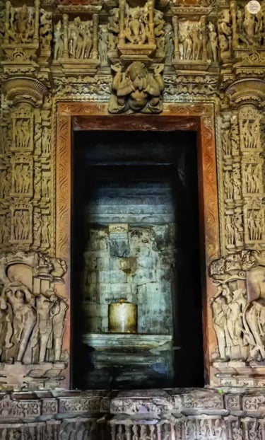 Inner sanctum of Kandariya Mahadev Temple, Khajuraho with detailed stone architecture.