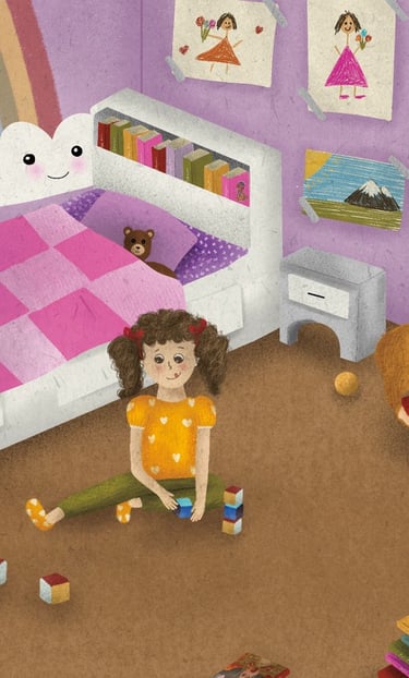 a child's room with a bed and a toy