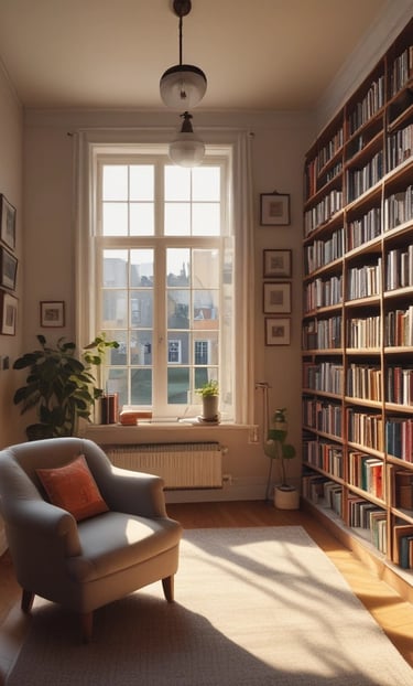 A cozy reading nook with a stack of beautifully bound books and a warm cup of tea by the window.