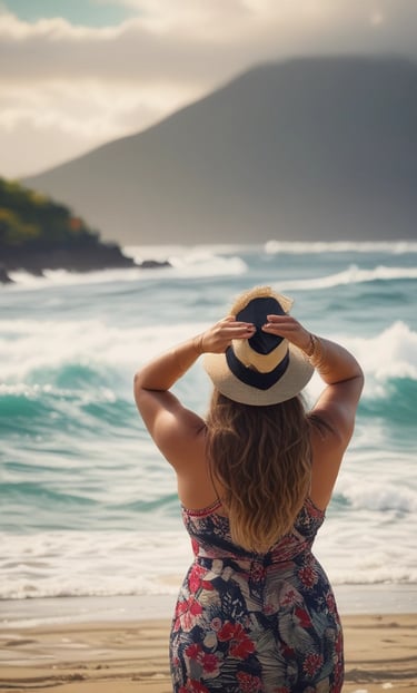 A confident plus-size woman wearing a fresh-colored blouse from ulabô, smiling outdoors.