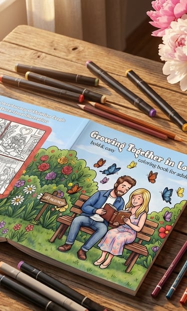 Romantic adult coloring book on a wooden table with markers and pink peonies in a vase.