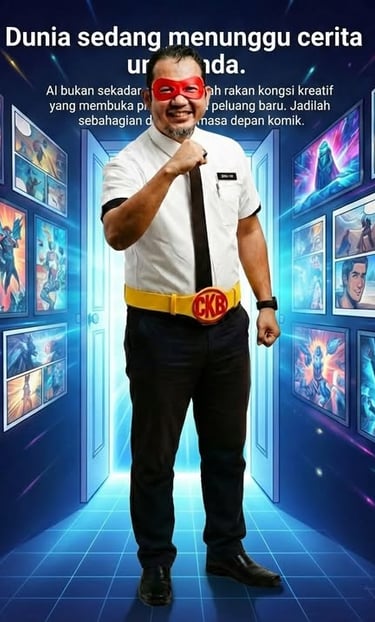 A man in a superhero mask standing in a digital comic book gallery with glowing frames.