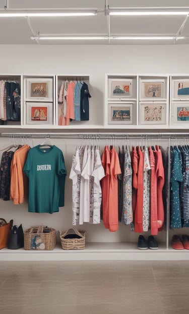 A cozy display of colorful sweatshirts and hoodies hanging on a rustic wooden rack.