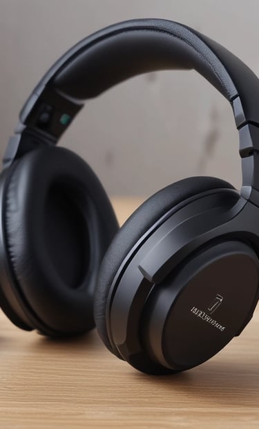 Close-up of modern wireless headphones resting on a sleek surface with soft lighting