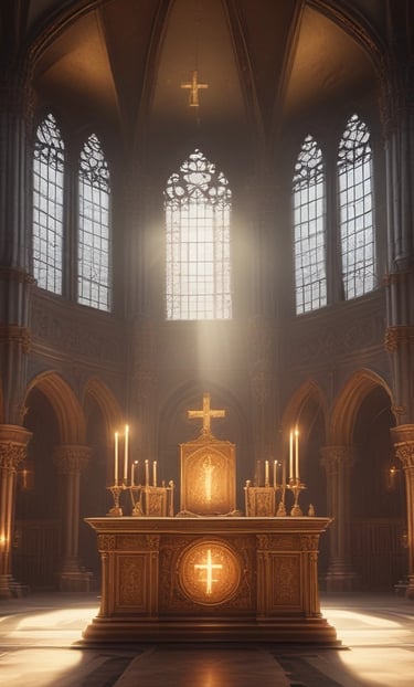 A serene deep blue background with a glowing gold cross and omega symbol intertwined, radiating light.