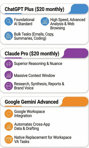 Comparison chart of ChatGPT Plus, Claude Pro, and Google Gemini Advanced AI subscription features.