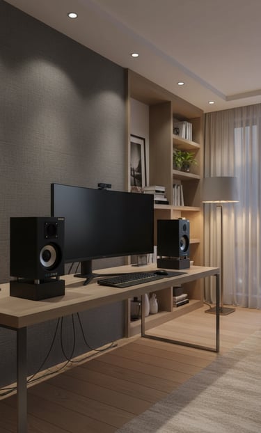 Bookshelf speakers placed beside Workstation in modern living room