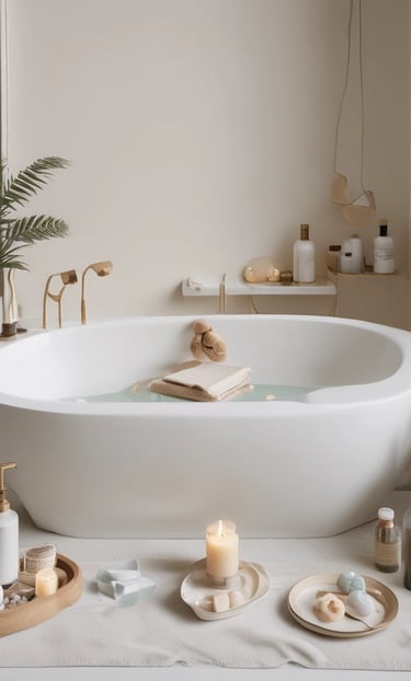 A luxurious bathroom setup features a stack of white towels elegantly tied with a patterned ribbon, topped with a decorative item. In the background, a soft glow from a lit candle and a framed sign reading 'Natural Soaps' enhance the ambiance. The setting conveys a sense of relaxation and indulgence.