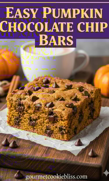A close-up of a perfectly cut, extra soft and moist pumpkin chocolate chip bar,