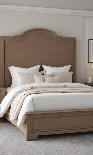 A stack of neatly folded bed sheets in various colors sits on a striped upholstered bench. The background features a tufted headboard and pillows.
