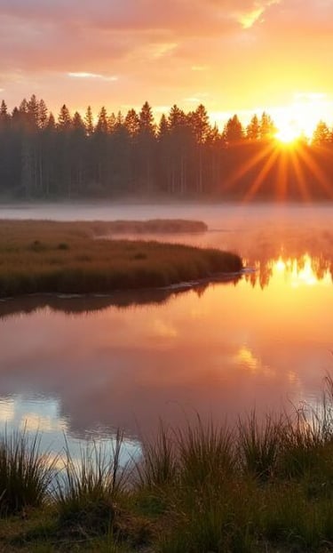 Sunrise over bog lake with golden mist, fantasy artwork background by Wyrlight for POD.
