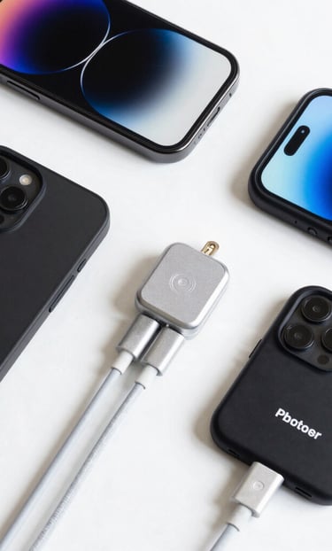 A collection of various smartphone and watch accessories is arranged neatly on a dark surface. The items include colorful phone cases with designs and labels, assorted watch bands in different materials and colors, and some packaged accessories. In addition to the tech accessories, there is a partial view of a green plant with yellow flowers and an over-ear headphone in the corner.