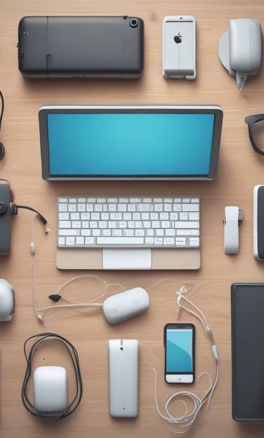 A collection of various smartphone and watch accessories is arranged neatly on a dark surface. The items include colorful phone cases with designs and labels, assorted watch bands in different materials and colors, and some packaged accessories. In addition to the tech accessories, there is a partial view of a green plant with yellow flowers and an over-ear headphone in the corner.