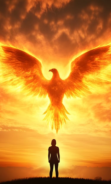 a person standing on a hill with a phoenix in the background