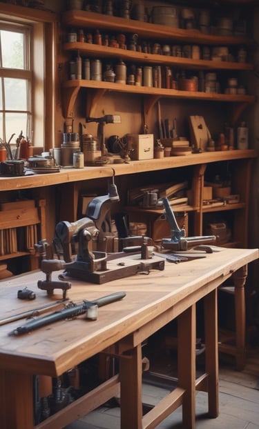 A cluttered workshop filled with woodworking tools and equipment. Wooden clogs are prominently displayed, some resting on a stool in the center. Shelving is packed with various items, including cans, jars, and wooden molds. The floor is covered in sawdust, adding to the rustic atmosphere. Overhead lighting provides a warm glow to the scene.