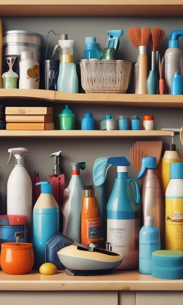 A vibrant display of household products arranged neatly on shelves.