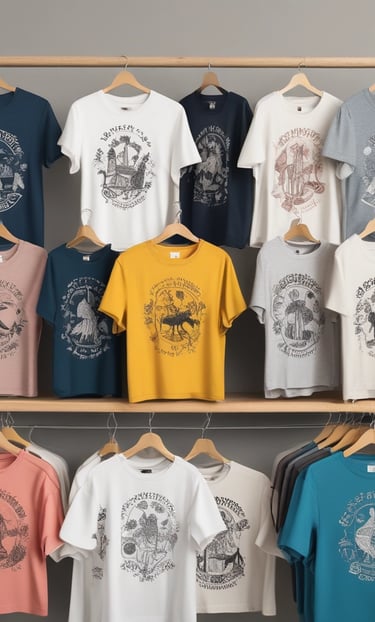 A vibrant collection of graphic designs on clothing displayed in an attractive layout.