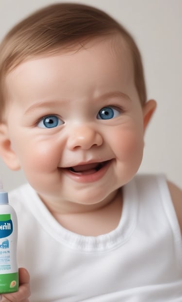 A baby lies on a white quilt surrounded by various baby care products, such as lotions, baby oil, and diapers. The baby is wearing a white diaper with colorful hair ties scattered around. Bright packaging and diverse product shapes create an organized composition.