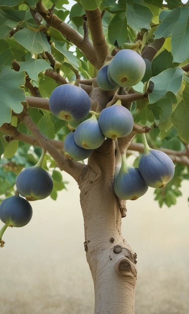 Close-up of ripe figs hanging on a small fruit bush in a sunny nursery setting