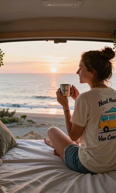 A stylish woman wearing a rovance hoodie, standing beside a campervan at sunset.