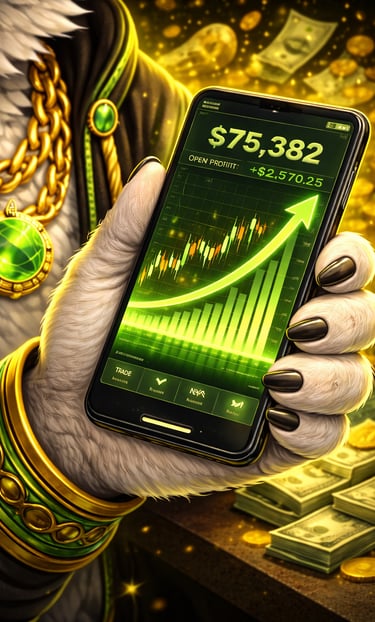 A furry white paw holding a smartphone displaying a bullish stock market trading app with green profit charts.