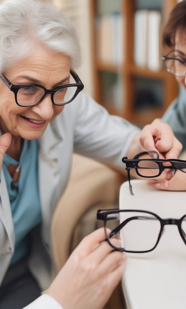 A warm, elegant home setting with an optician fitting glasses for a smiling client.