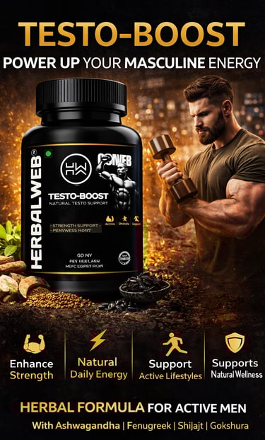 Testo-Boost natural testosterone support supplement bottle next to a man lifting weights.