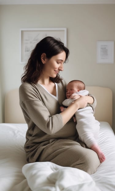 A smiling young woman holding a package of baby care products in a bright, modern apartment.
