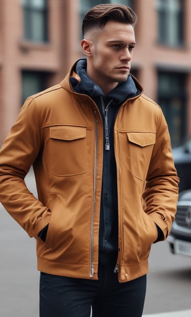 A striking urban-luxury jacket worn by a confident trendsetter against a sleek city backdrop.