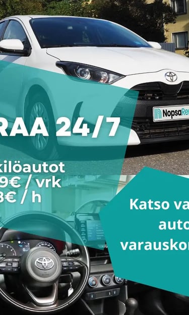Henkilöautot alkaen 8€/h, 19€/pv Helppo varaus ja avaimeton käyttö puhelimella.