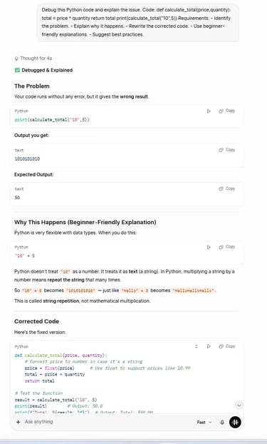 Grok AI coding comparison showing debugging advice and corrected Python output.