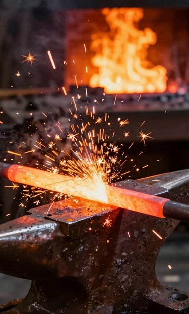 Blacksmith forging glowing red hot metal on an anvil with bright sparks and forge fire.