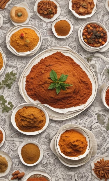 Close-up of vibrant sambar powder spilling from a rustic wooden spoon onto a traditional Karnataka kitchen cloth.