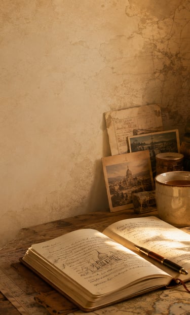 Vintage writing desk with an open journal, antique books, a globe, and coffee by a sunlit window.
