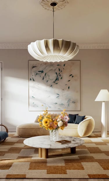 Diseño interior de living. combinaciones de colores y texturas variados. Estilos Moderno Mid Century