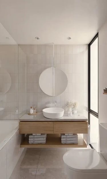 Diseño de baño, minimalismo moderno. Luminoso y sobrio.