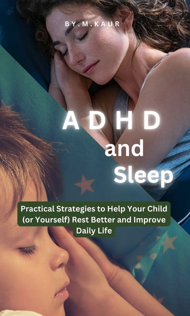 Book cover for ADHD and Sleep featuring a woman and child sleeping peacefully with practical strategies for rest.