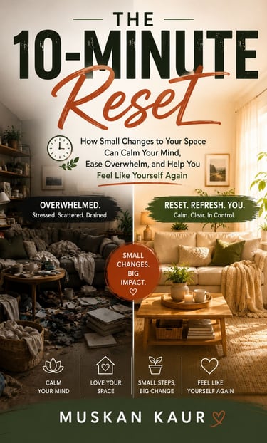 The 10-Minute Reset book cover by Muskan Kaur shows a messy room transforming into a clean, calm living space.