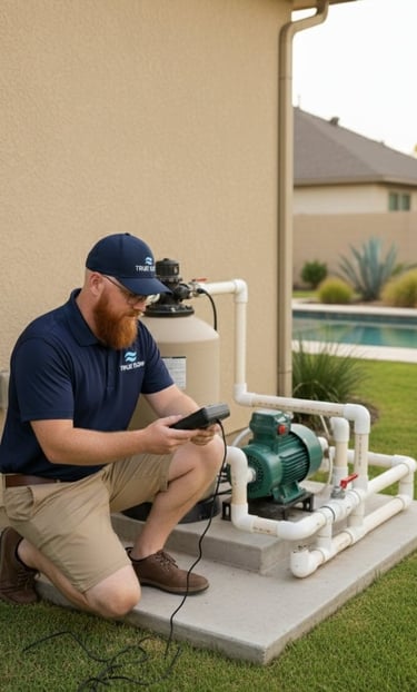 Technician kneeling and testing pool water during green pool cleanup in Hutto, TX