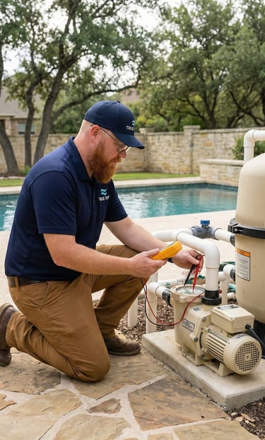 True Flow Pool Solutions technician performing pool equipment troubleshooting in Austin, Texas