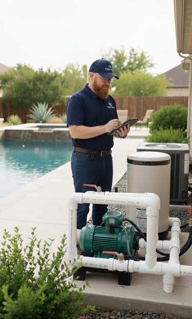 Pool technician performing an electrical check during a professional pool inspection in Austin, Texas.