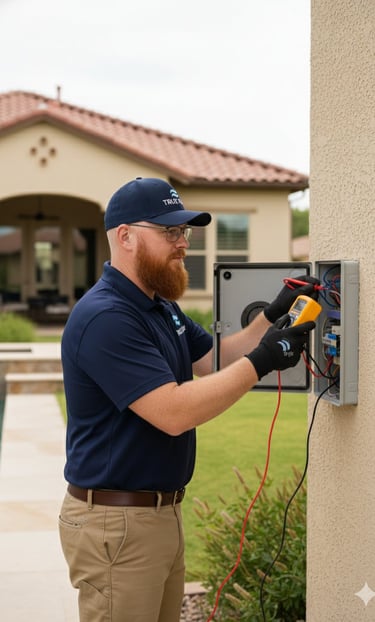 Pool repair technician performing electrical diagnostics on a pool light system to identify wiring and safety issues