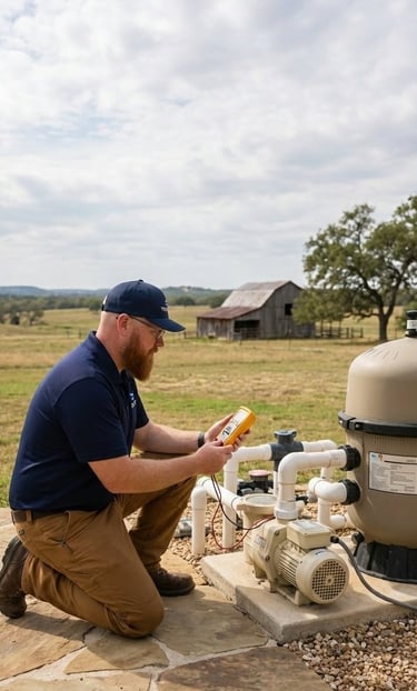 pool technician performing salt system repair diagnostics in Central Texas Hill Country