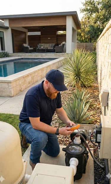 Pool technician testing pool pump electrical components.