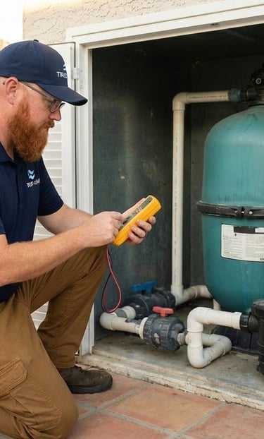 Pool technician completing a pool filter diagnosis evaluating circulation and filtration system