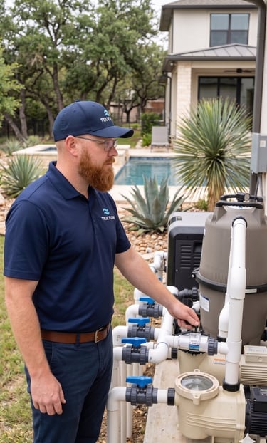True Flow Pools technician inspecting pool equipment pad at a Round Rock home