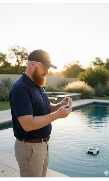 True Flow pool technician testing and balancing pool water during weekly pool cleaning in Austin