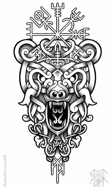 a tattoo style of a viking bear head and Celtic knot