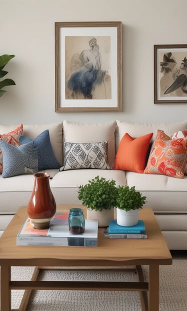 A cozy living room with a stylish sofa and decorative pillows.
